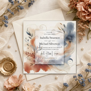 Terracotta Twilight und Navy Blooms Hochzeit Einladung