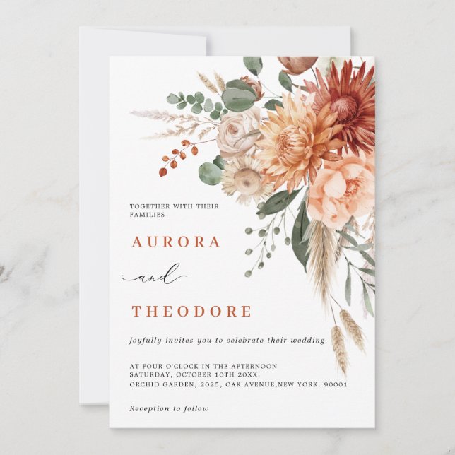 Terracotta und Emerald Green Rustic Floral Wedding Einladung (Vorderseite)