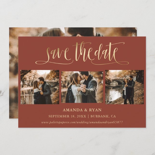 Terracotta und Gold Wedding 4 Foto Save the Date (Vorne/Hinten)