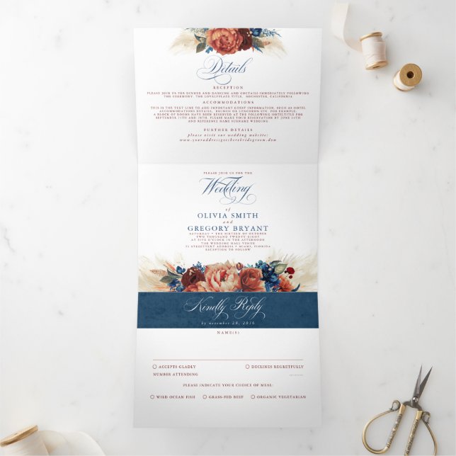 Terracotta und Navy Blue Elegante Boho Wedding Dreifach Gefaltete Einladung (Innenseite)