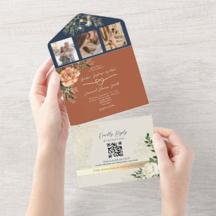 Terracotta und Navy Blue Elegante Hochzeit im Herb All In One Einladung