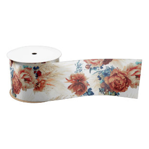 Terracotta und Navy Blue Pampas Grass Floral Boho Satinband