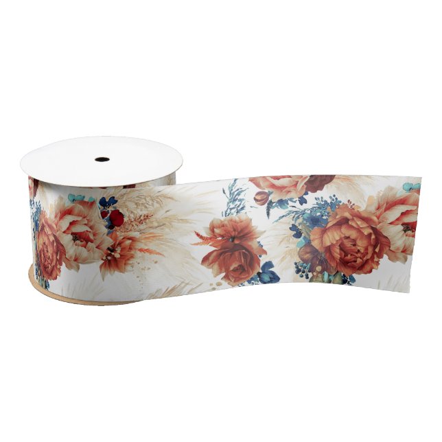 Terracotta und Navy Blue Pampas Grass Floral Boho Satinband (Spule)