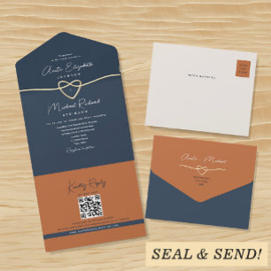 Terracotta und Navy Blue Wedding All In One Einladung