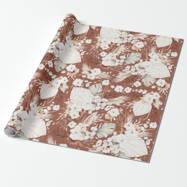 Terracotta und White Blume Boho Parco Tassino Geschenkpapier (Ungerollt)