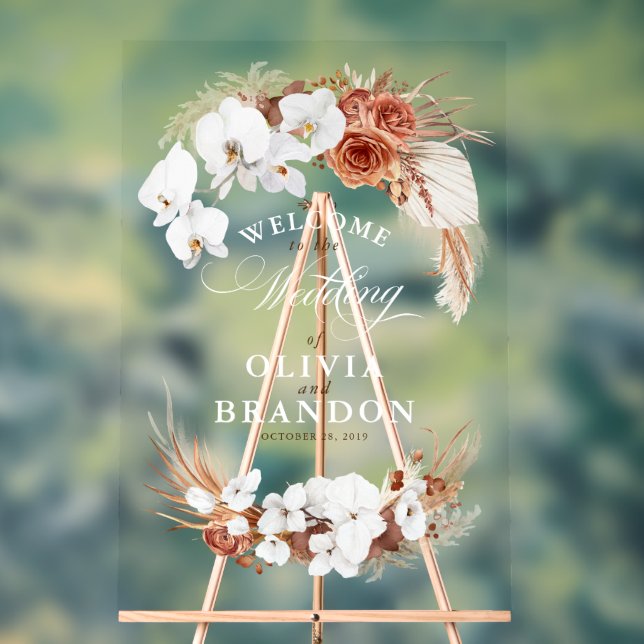 Terracotta und White Boho Blumenzehen Willkommen Acrylschild (Neutral)