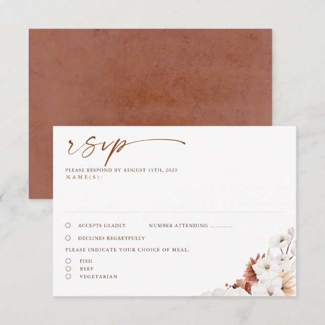 Terracotta und White Floral Boho Wedding RSVP Karte (Vorne/Hinten)