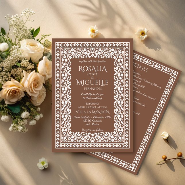 Terracotta Vintage Blumenstrasse Einladung (Terracotta vintage retro floral border elegant wedding invitation cards with rsvp editable template)