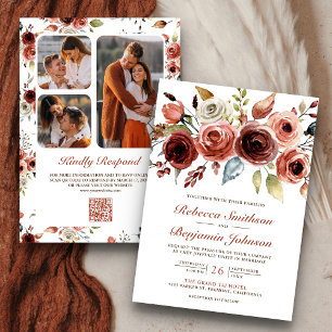 Terracotta Watercolor Foto QR Code Wedding Einladung