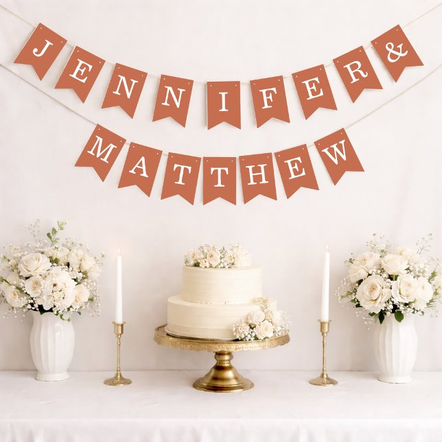 Terracotta Wedding Bride Groom Names Simple Brown Wimpelkette (Von Creator hochgeladen)