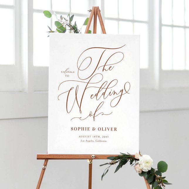 Terracotta Whimsical Calligraphy Wedding Willkomme Poster (Customizable wedding welcome sign featuring terracotta whimsical calligraphy. )