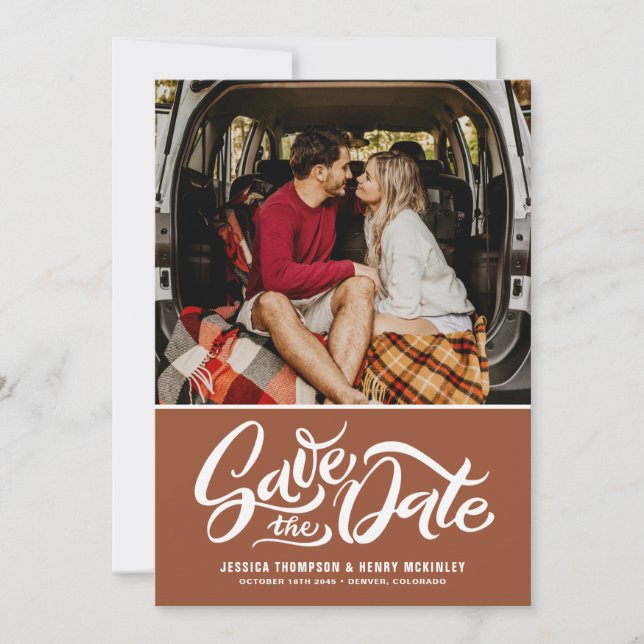 Terracotta Whimsical Hand Letted Foto Overlay Save The Date (Vorderseite)