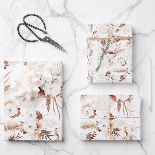 Terracotta White and Ivory Blume Boho Botanical Geschenkpapier Set (Vorderseite)
