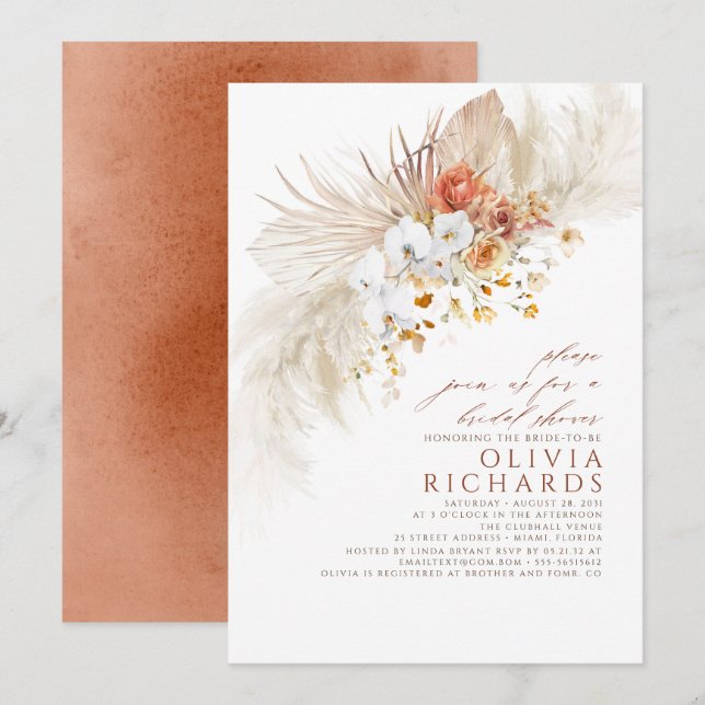Terracotta White Blume Boho Brautparty Einladung (Vorne/Hinten)