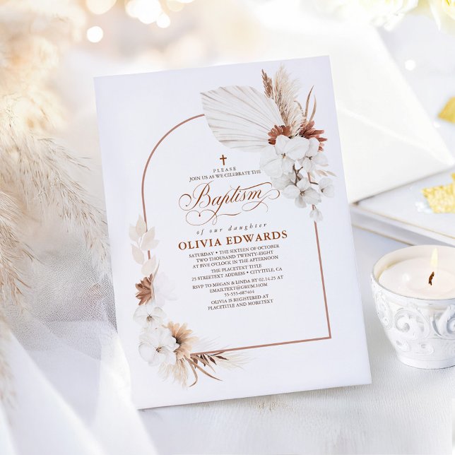 Terracotta White Blume Boho Chic Taufe Einladung (Boho Terracotta Floral Arch Baptism Invitations)