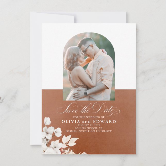 Terracotta White Blume Boho Save the Date Foto (Vorderseite)