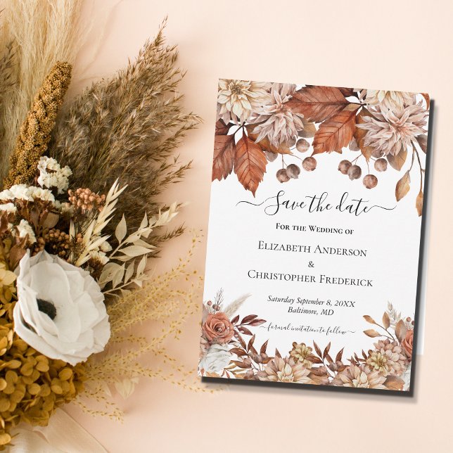 Terracotta White Brown Floral QR Code Boho Wedding Save The Date (Von Creator hochgeladen)