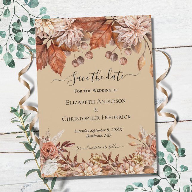 Terracotta White Brown Floral Save The Date (Von Creator hochgeladen)