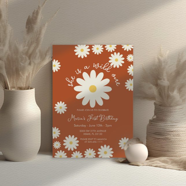Terracotta White Daisy She is a Wild ONE Birthday Einladung (Von Creator hochgeladen)
