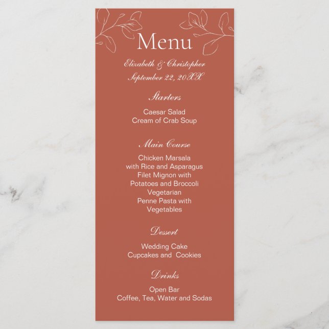 Terracotta White Floral Botanical Wedding Menu Menükarte (Vorderseite)