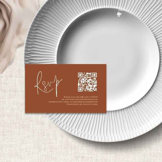 Terracotta White Script QR Code Wedding RSVP Begleitkarte (Von Creator hochgeladen)