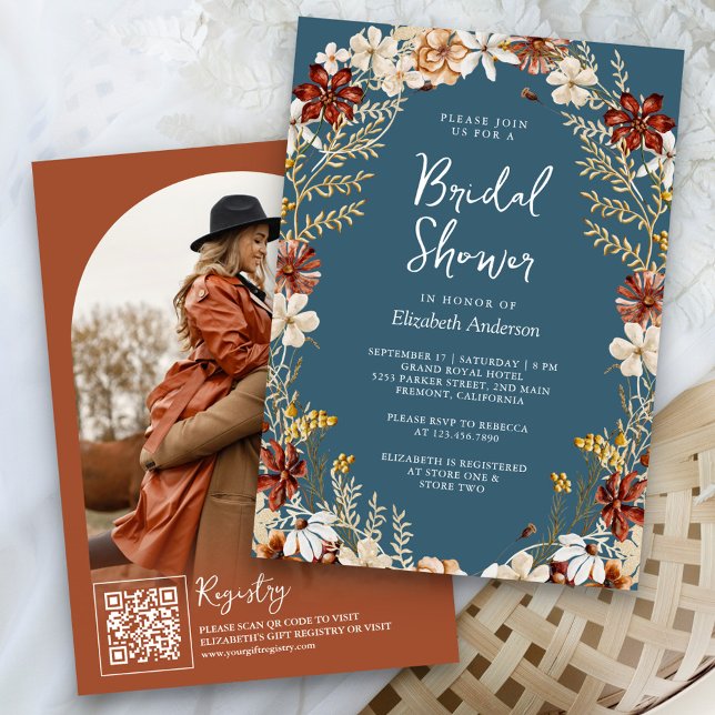 Terracotta Wildblume Dusty Blue Brautparty Einladung (Von Creator hochgeladen)