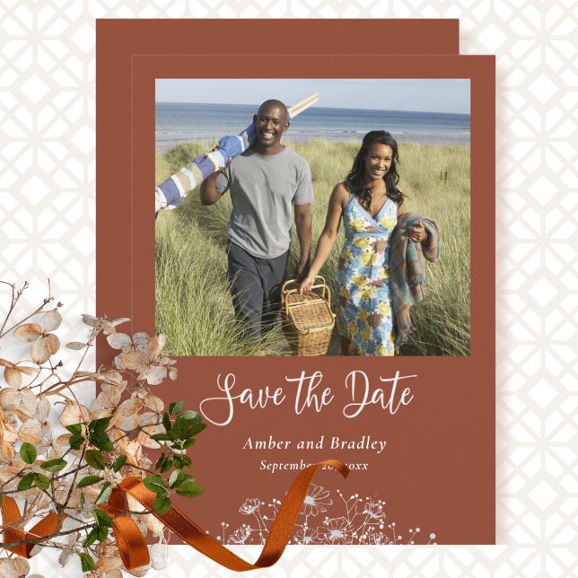 Terracotta Wildblume Einfaches Foto QR Code Hochze Einladung (Von Creator hochgeladen)