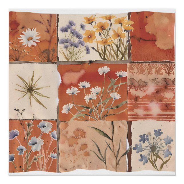Terracotta Wildblume Patchwork Rustic Boho Spring Poster (Vorderseite)