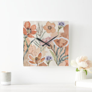 Terracotta-Wildblume Rustic Boho Wall Akzent Quadratische Wanduhr