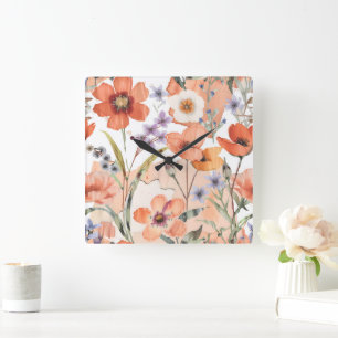 Terracotta-Wildblume Rustic Boho Wall Akzent Quadratische Wanduhr