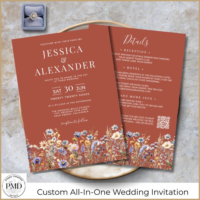 Terracotta-Wildblumen in einem QR-Code Einladung (Terracotta Wildflower All-In-One QR Code Wedding Invitation with Dusty Blue Flowers, Details on Back)