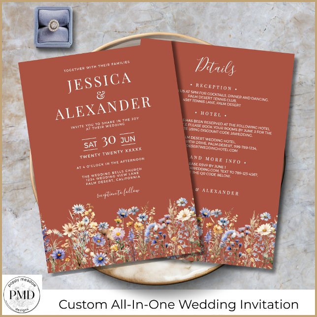 Terracotta-Wildblumen in einer eleganten Hochzeit Einladung (Terracotta Wildflowers All-In-One Elegant Wedding Invitation with Reception Details on the Back.)