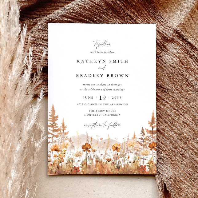 Terracotta Wildflower Mountain Wedding Einladung (Terracotta wildflower mountain wedding invitation with elegant typography and autumn floral design)