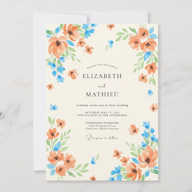 Terrakotta-Azurblaue Mohn-Hochzeit Einladung (Vorderseite)