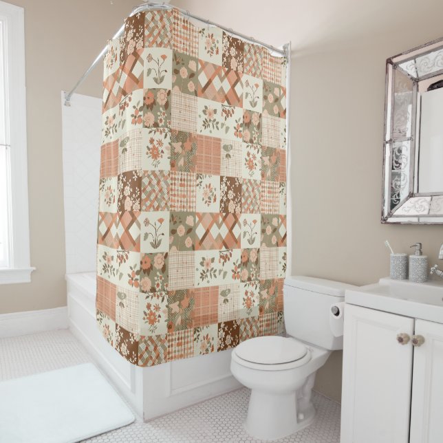 Terrakotta Beige Patchwork-Quilt Rustikale Blumenm Duschvorhang (Beispiel)
