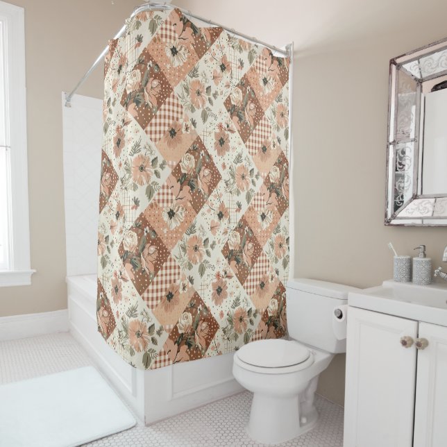 Terrakotta Beige Patchwork-Quilt Rustikale Blumenm Duschvorhang (Beispiel)