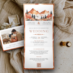 Terrakotta-Bergwald-Foto-QR-Code-Hochzeit Dreifach Gefaltete Einladung