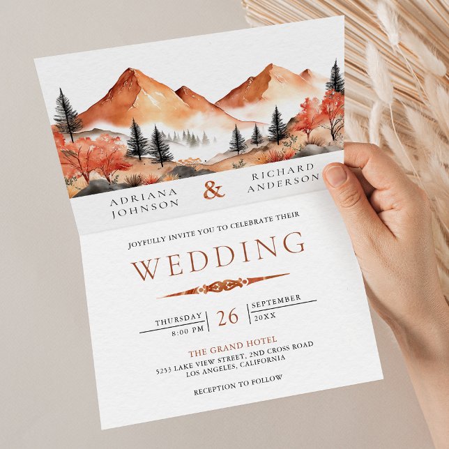 Terrakotta-Bergwald-Foto-QR-Code-Hochzeit Einladung (Von Creator hochgeladen)