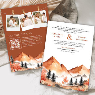 Terrakotta-Bergwald-Foto-QR-Code-Hochzeit Einladung