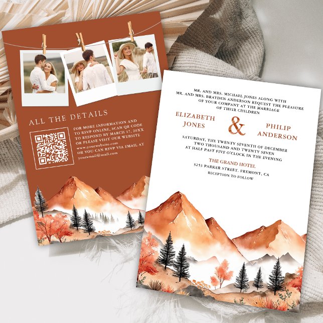 Terrakotta-Bergwald-Foto-QR-Code-Hochzeit Einladung (Von Creator hochgeladen)