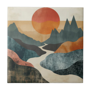 Terrakotta-Blau-Gebirgs-Sonnenuntergangs-Fluss-Lan Fliese