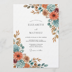 Terrakotta Blaue Malerische Flora Hochzeit Einladung