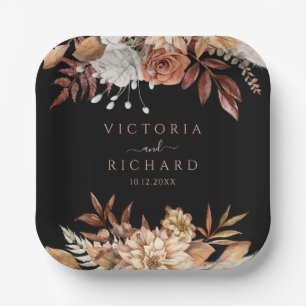 Terrakotta-Blumen Boho-Herbstlaub Schwarze Hochzei Pappteller