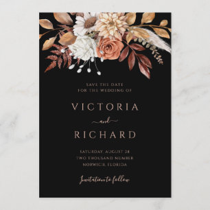 Terrakotta-Blumen Boho-Herbstlaub Schwarze Hochzei Save The Date