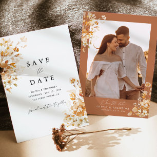 Terrakotta Blumen Elegante Foto Rückseite Hochzeit Save The Date