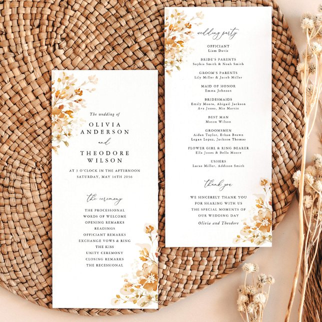 Terrakotta-Blumen-elegante Hochzeitszeremonie Programm (Terracotta floral wedding program card, elegant ceremony order, burnt orange watercolor stationery)