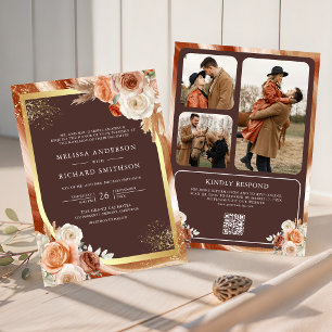 Terrakotta-Blumen-Espresso-Braun-QR-Code-Hochzeit Einladung