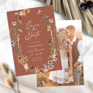Terrakotta-Blumen-Foto-Save-The-Date-Flachkarte Save The Date