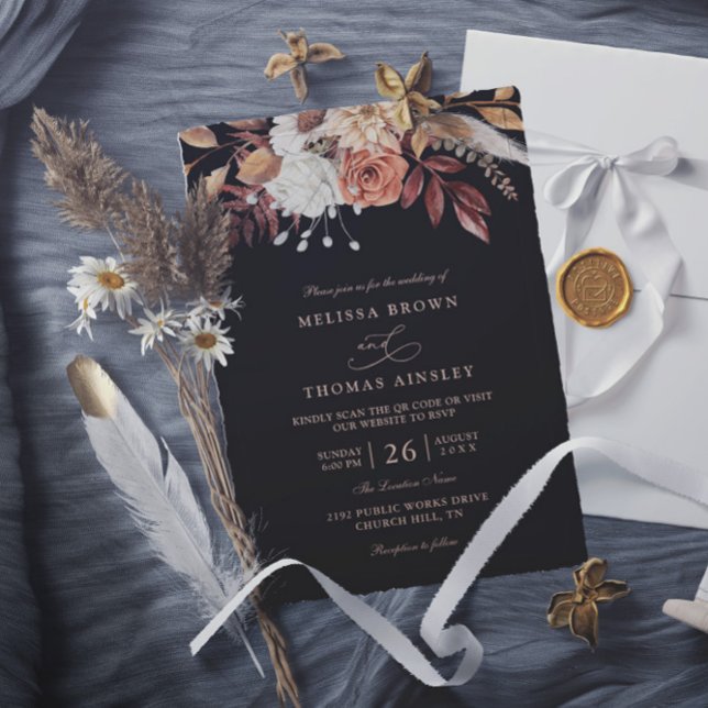 Terrakotta-Blumen-Herbstlaub-QR-Code-Hochzeit Einladung (Von Creator hochgeladen)