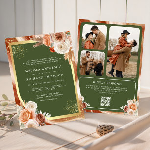 Terrakotta-Blumen-Hochzeit in Olivgrün mit QR-Code Einladung